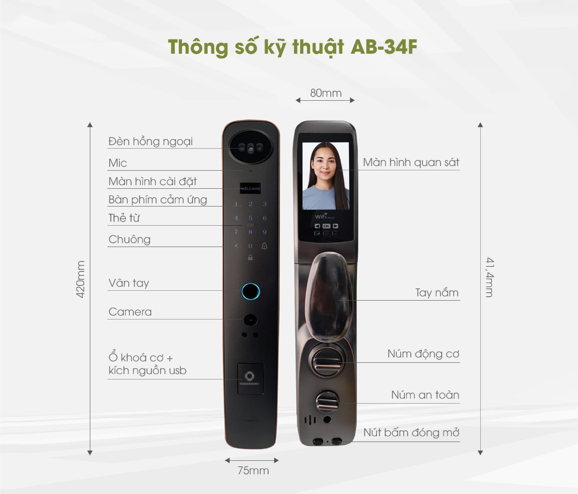Khoá cửa nhận diện khuôn mặt tích hợp đàm thoại hai chiều AB-34F HomeDash