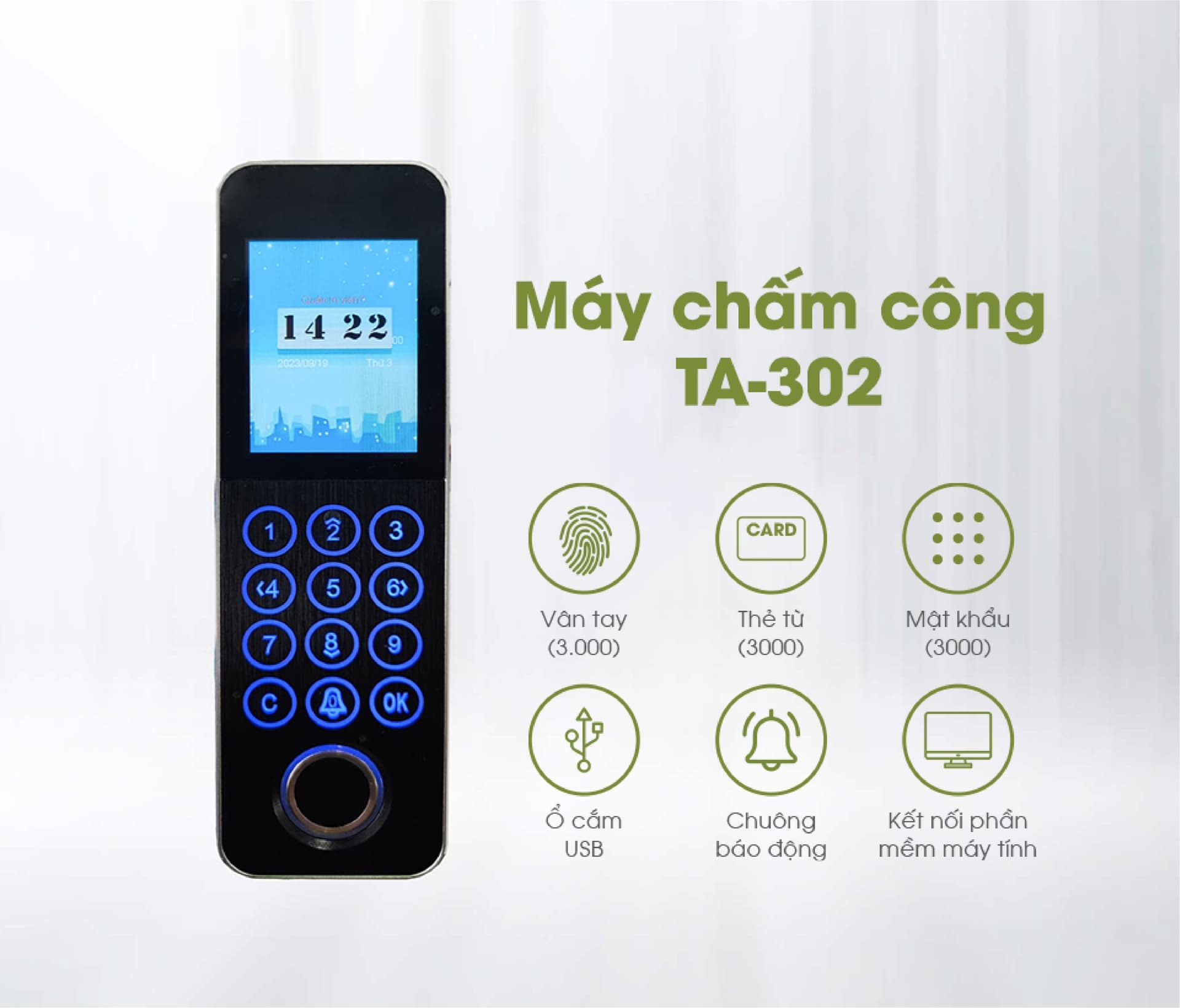 Máy chấm công kiểm soát cửa ra vào 3 tính năng TA-302 HomeDash